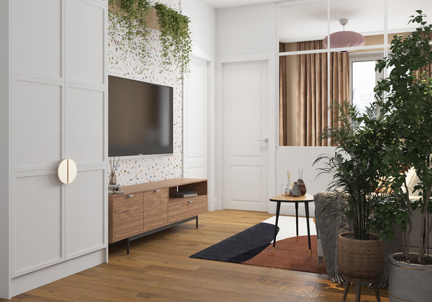 Большинство систем хранения под заказ, будут изготавливаться мебельщиками. В прихожей предусмотрели вместительный встроенный шкаф (там же отдельную секцию внутри выделили под хозяйственные принадлежности). Плюс в каждой комнате есть шкаф для одежды и белья.