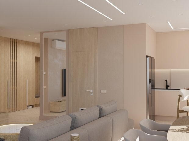 Визуализация интерьера гостиной в стиле минимализм с элементами джапанди