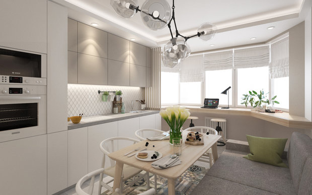 Фотография: Кухня и столовая в стиле Современный, Скандинавский, Квартира, Проект дня, Московская область, Балашиха, Ольга Погорелова, Панельный дом, 2 комнаты, 40-60 метров, П-44ТМ – фото на INMYROOM