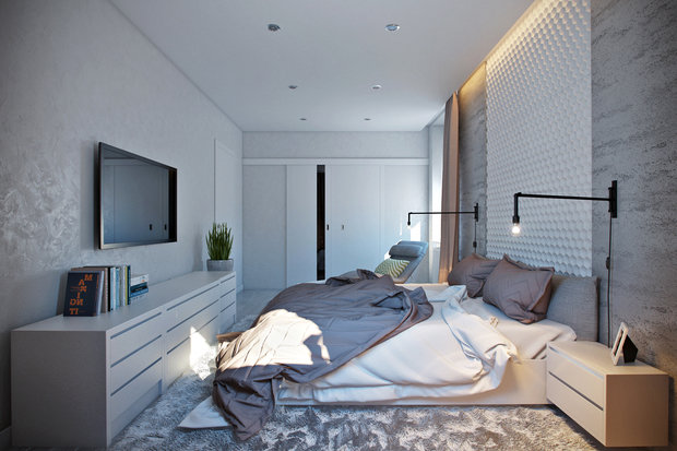 Фотография: Спальня в стиле Лофт, Современный, Гардеробная, Квартира, Россия, Белый, Минимализм, Проект недели, Москва, Зеленый, Бежевый, Серый, Коричневый, Олеся Лигай – фото на INMYROOM