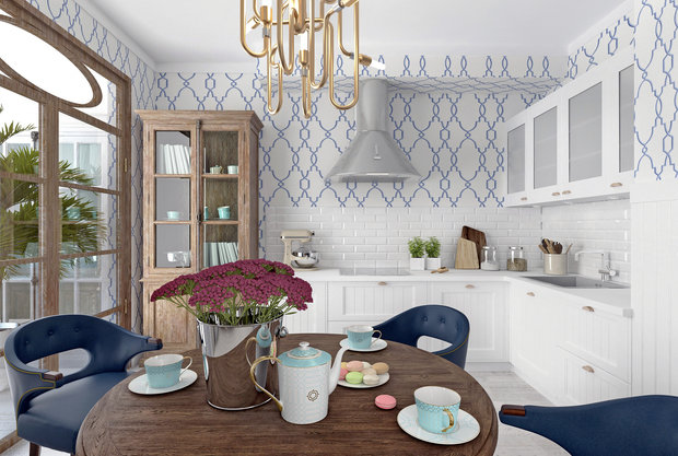 Фотография: Кухня и столовая в стиле Прованс и Кантри, Квартира, Проект дня, Москва, Монолитный дом, 2 комнаты, 60-90 метров, Маргарита Рассказова, ЖК «Айвазовский» – фото на INMYROOM