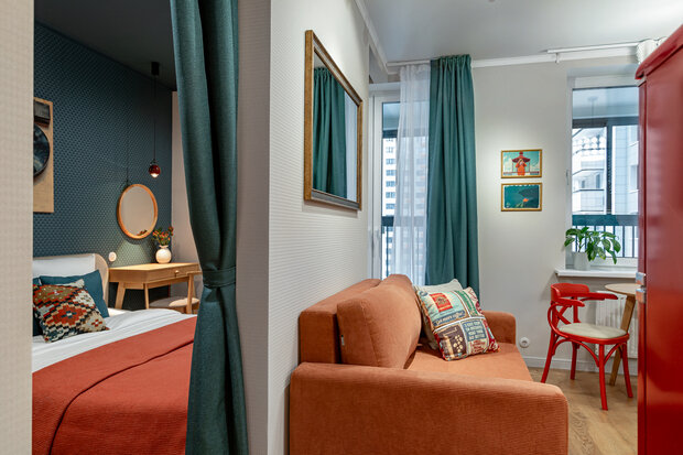 Фотография: Спальня в стиле Современный, Малогабаритная квартира, Квартира, Студия, Проект дня, Москва, до 40 метров, малогабаритки, современный с элементами ретро, фото интерьера, дизайн интерьера фото, Светлана Немцова – фото на INMYROOM