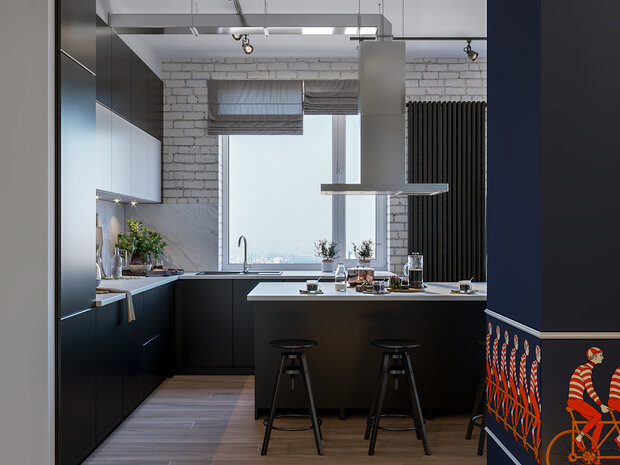 Заказчики хотели максимально сохранить высоту потолков, поэтому в жилых пространствах потолки не подвесные, а просто отштукатурены и покрашены, только в санузлах подвесной потолок.