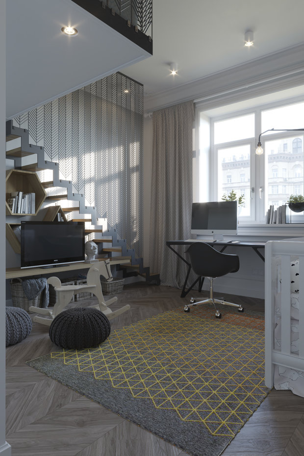 Фотография: Детская в стиле Скандинавский, Кухня и столовая, Гостиная, Спальня, Классический, Современный, Квартира, Проект недели, Серый, 3 комнаты, Более 90 метров, ПРЕМИЯ INMYROOM – фото на INMYROOM