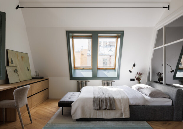 Фотография: Спальня в стиле Скандинавский, Современный, Эклектика, Минимализм, Квартира, Проект дня, Санкт-Петербург, Кирпичный дом, 3 комнаты, Более 90 метров, Елена Булович – фото на INMYROOM