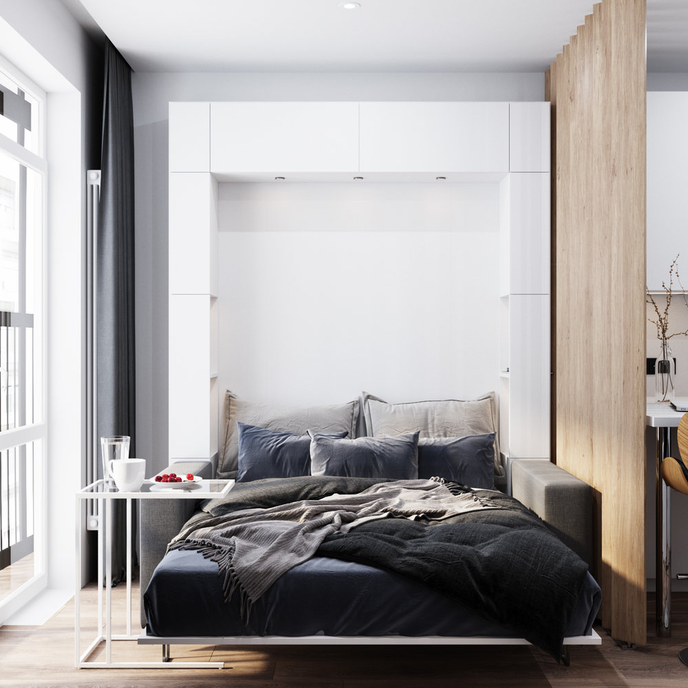 Фотография: Спальня в стиле Минимализм, Современный, Квартира, Студия, Белый, Проект недели, Серый, Голубой, до 40 метров, ПРЕМИЯ INMYROOM, Олеся Еранцева – фото на INMYROOM Фотография: Спальня в стиле Минимализм, Современный, Квартира, Студия, Белый, Проект недели, Серый, Голубой, до 40 метров, ПРЕМИЯ INMYROOM, Олеся Еранцева – фото на INMYROOM