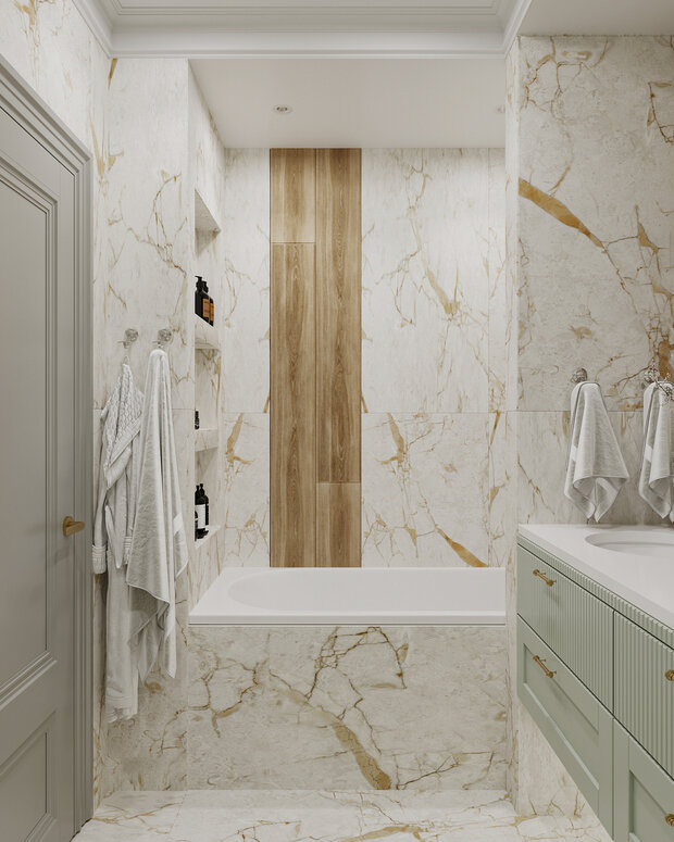 Визуализация интерьера ванной комнаты в классическом стиле с элементами современного дизайна