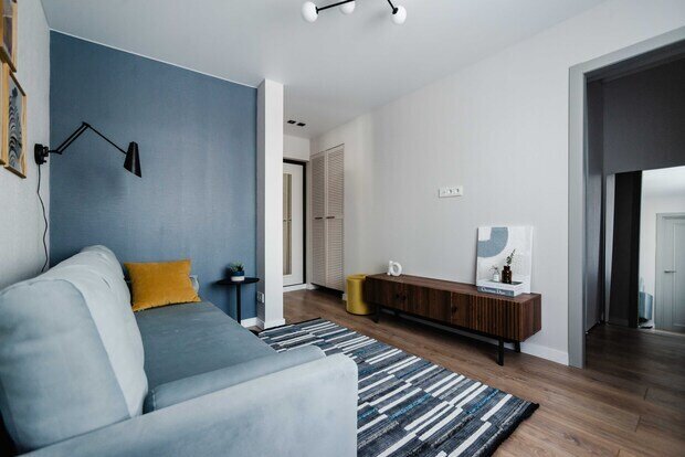 Фотография: Гостиная в стиле Скандинавский, Современный, Малогабаритная квартира, Квартира, Проект дня, Сталинка, 2 комнаты, до 40 метров – фото на INMYROOM