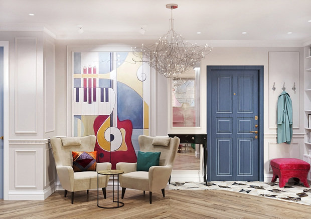 За углом начинается «музыкальная» зона: два кресла и столик из металла и стекла. Эти кресла предназначены для преподавателя музыки и его ученика и обращены непосредственно к роялю. 