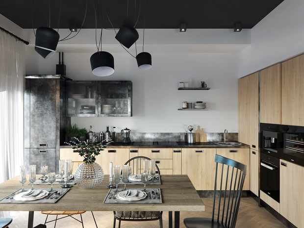 Фотография: Кухня и столовая в стиле Лофт, Эклектика, Квартира, Минимализм, Проект дня, Черный, Подмосковье, дерево в интерьере, инженерная доска, черный потолок в интерьере, 2 комнаты, 60-90 метров, Монолитно-кирпичный, Анна Сухая, коттеджный поселок Западная Долина – фото на INMYROOM
