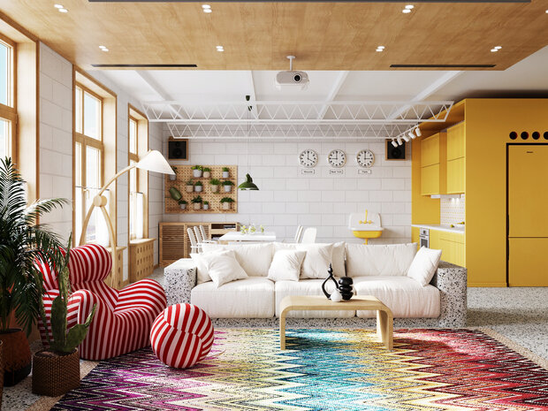 Дизайнер применила архитектурное решение в мебели, «вырастив» диван из напольного покрытия — микроцемента. Акцент на контрастные материалы — твердый бетон и мягкие льняные подушки.