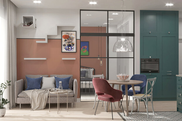 Вся корпусная мебель будет сделана на заказ, кровать ИКЕА, диван и кресло российского производителя.