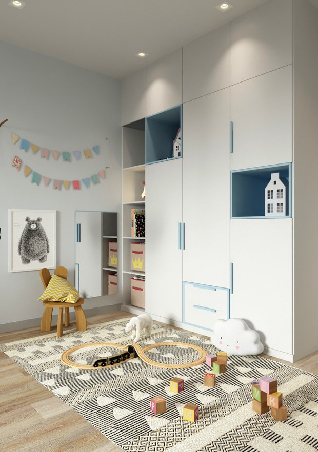 Шкаф украсили голубыми вставками и ручками.