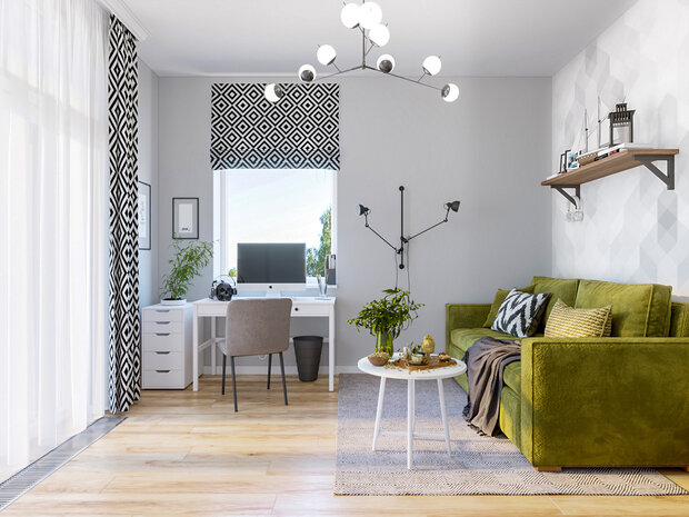 В комнате сына диван с механизмом трансформации. Так как сын уже взрослый, в будущем заказчики планируют использовать комнату как кабинет и гостевую спальню.