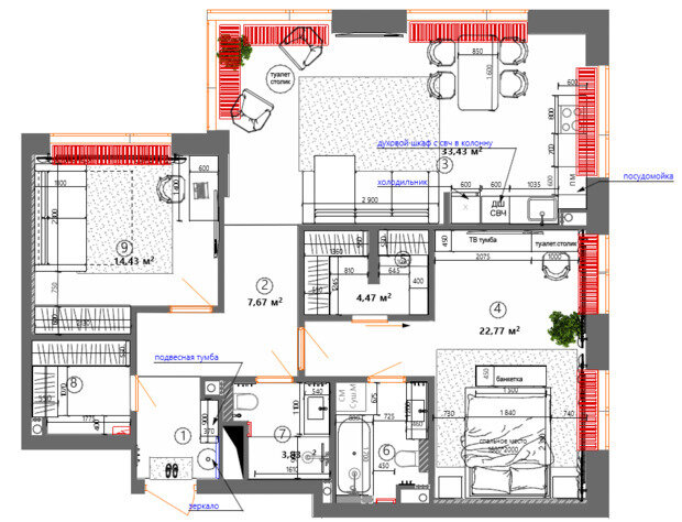 Фотография: Планировки в стиле , Квартира, Проект дня, Монолитный дом, 3 комнаты, Более 90 метров, Эксклюзивные проекты, Оксана Галактионова, минимализм с элементами современного дизайна – фото на INMYROOM