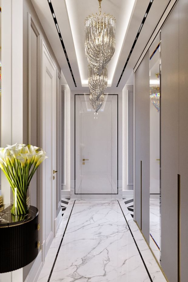 Фото из портфолио ЖК Сити Парк: современная эклектика, белый холл, черная спальня, гардеробная со стеклянной перегородкой – фотографии дизайна интерьеров на INMYROOM