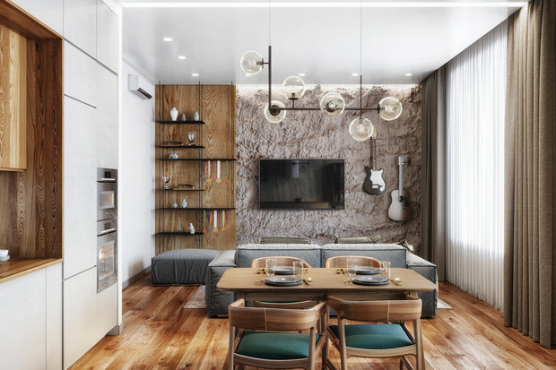 В большей части квартиры используется покраска. Декоративные фрагменты в виде скалы будут выполнены из гипса скульпторами и художниками.