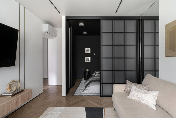 Фотография: Гостиная в стиле Современный, Минимализм, Малогабаритная квартира, Квартира, Проект дня, Москва, П-44, Панельный дом, 1 комната, до 40 метров, современный с элементами минимализма – фото на INMYROOM