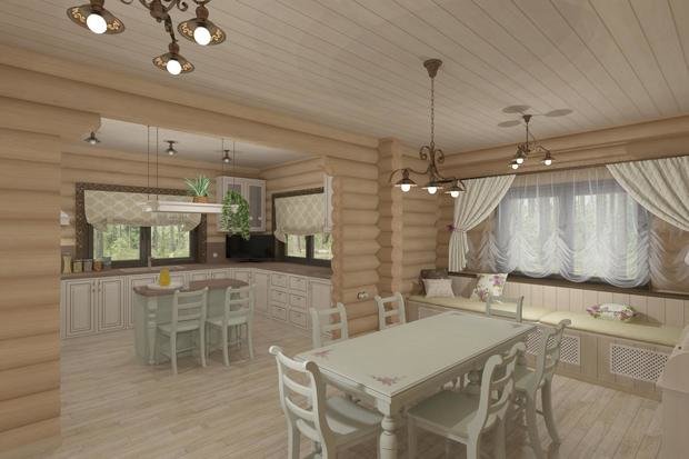 Фото из портфолио Гостиная-кухня в доме из бревна – фотографии дизайна интерьеров на INMYROOM