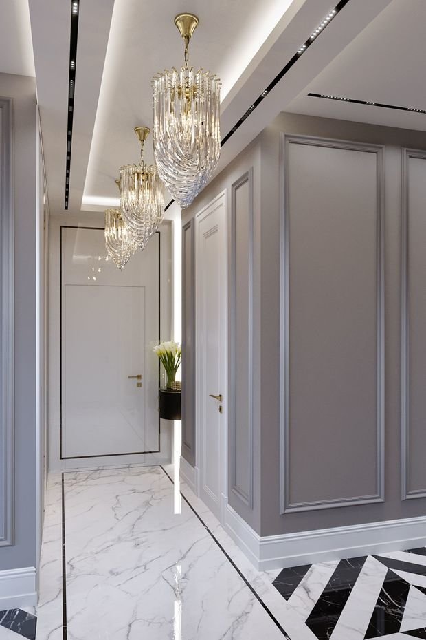 Фото из портфолио ЖК Сити Парк: современная эклектика, белый холл, черная спальня, гардеробная со стеклянной перегородкой – фотографии дизайна интерьеров на INMYROOM