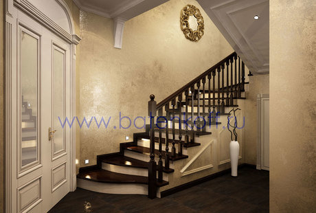 Дизайн проект холла и лестницы в классическом стиле от Батенькофф в таунхаусе. Поселок Палникс.