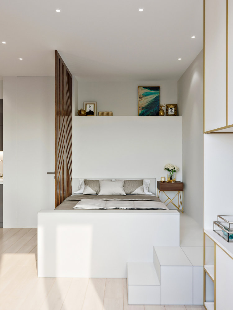 Фотография: Спальня в стиле Современный, Минимализм, Квартира, Студия, Проект недели, Москва, до 40 метров, Монолитно-кирпичный, LVM BURO – фото на INMYROOM