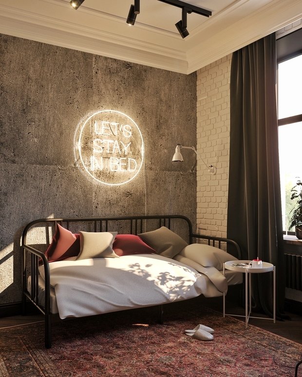 Фотография: Спальня в стиле Лофт, Эклектика, Квартира, Проект дня, Москва, Сталинка, 3 комнаты, 40-60 метров, 60-90 метров, IN MY BOX, Анна Показаньева – фото на INMYROOM