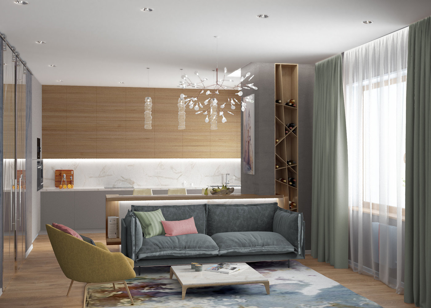 Фотография: Гостиная в стиле Современный, Квартира, Проект недели, Москва, Эко, Монолитный дом, 2 комнаты, 60-90 метров, Анна Морозова, ЖК «Дыхание» – фото на INMYROOM