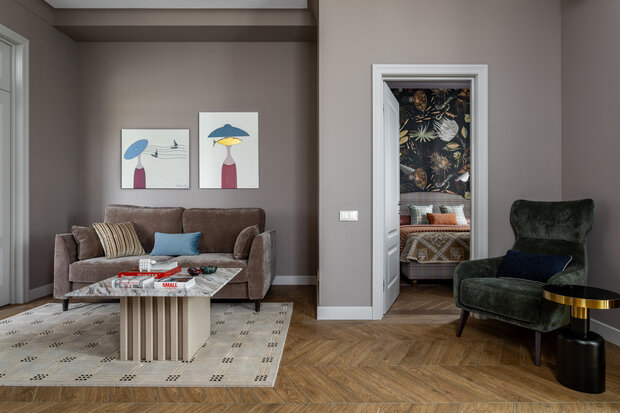 Фотография: Гостиная в стиле Современный, Квартира, Проект дня, Москва, 2 комнаты, 60-90 метров, Кристина Квартальнова – фото на INMYROOM