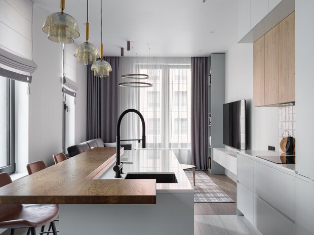 Фотография: Кухня и столовая в стиле Современный, Эклектика, Минимализм, Эко, Скандинавский, Квартира, Проект недели, Москва, 3 комнаты, Более 90 метров, Lagom Interiors, Мария Кулак – фото на INMYROOM