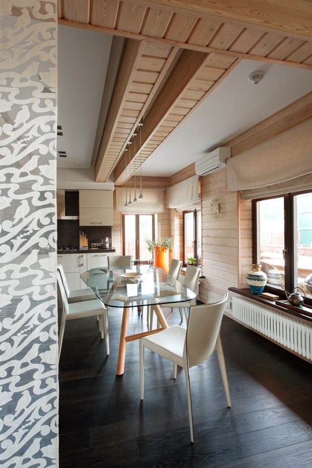 Фотография: Кухня и столовая в стиле Эко, Современный, Дом, Планировки, Artemide, Flos, Galassia, Harlequin, Kravet, Декор, Мебель и свет, Белый, Проект недели, Зеленый, Бежевый, Серый, Оранжевый, Коричневый, Подмосковье, Дом и дача, STUDIO ITALIA DESIGN, Hansgrohe, Духанино, Duralee, Galotty&radice, Cattelan Italia, Miniforms, Kolo, Desiree, Pierantoniobonacina, Leicht, Buschfeld, Fine Art Lamps, Beacon Hill, Таисия Капридова, Дмитрий Марьясов, АБ «Сретенка», современная отделка в типовом доме из бруса, dom-iz-brusa – фото на INMYROOM