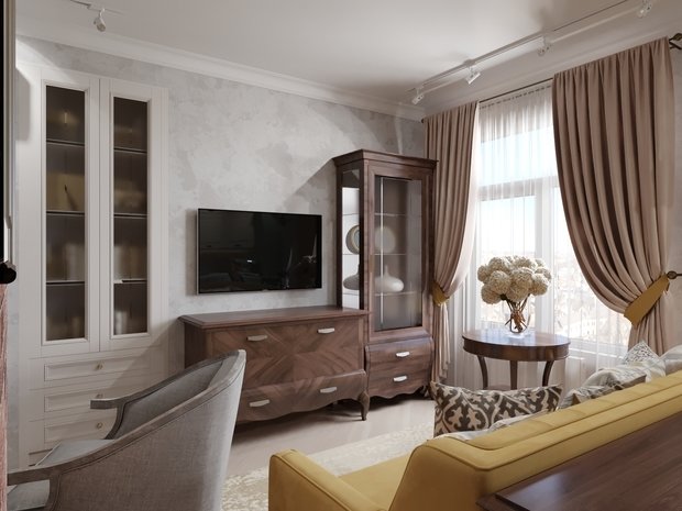 Фотография: Гостиная в стиле Прованс и Кантри, Классический, Современный, Квартира, Проект недели, Санкт-Петербург, Татьяна Воронцова, 2 комнаты, 40-60 метров, Монолитно-кирпичный, ЖК «Английская миля» – фото на INMYROOM