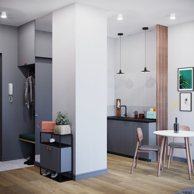 Фотография: Прихожая в стиле Скандинавский, Минимализм, Кухня и столовая, Гостиная, Спальня, Лофт, Квартира, Проект дня, Серый, 2 комнаты, до 40 метров, Студия 20:18 – фото на INMYROOM