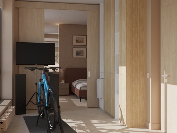 Визуализация спальни в стиле минимализм с элементами джапанди