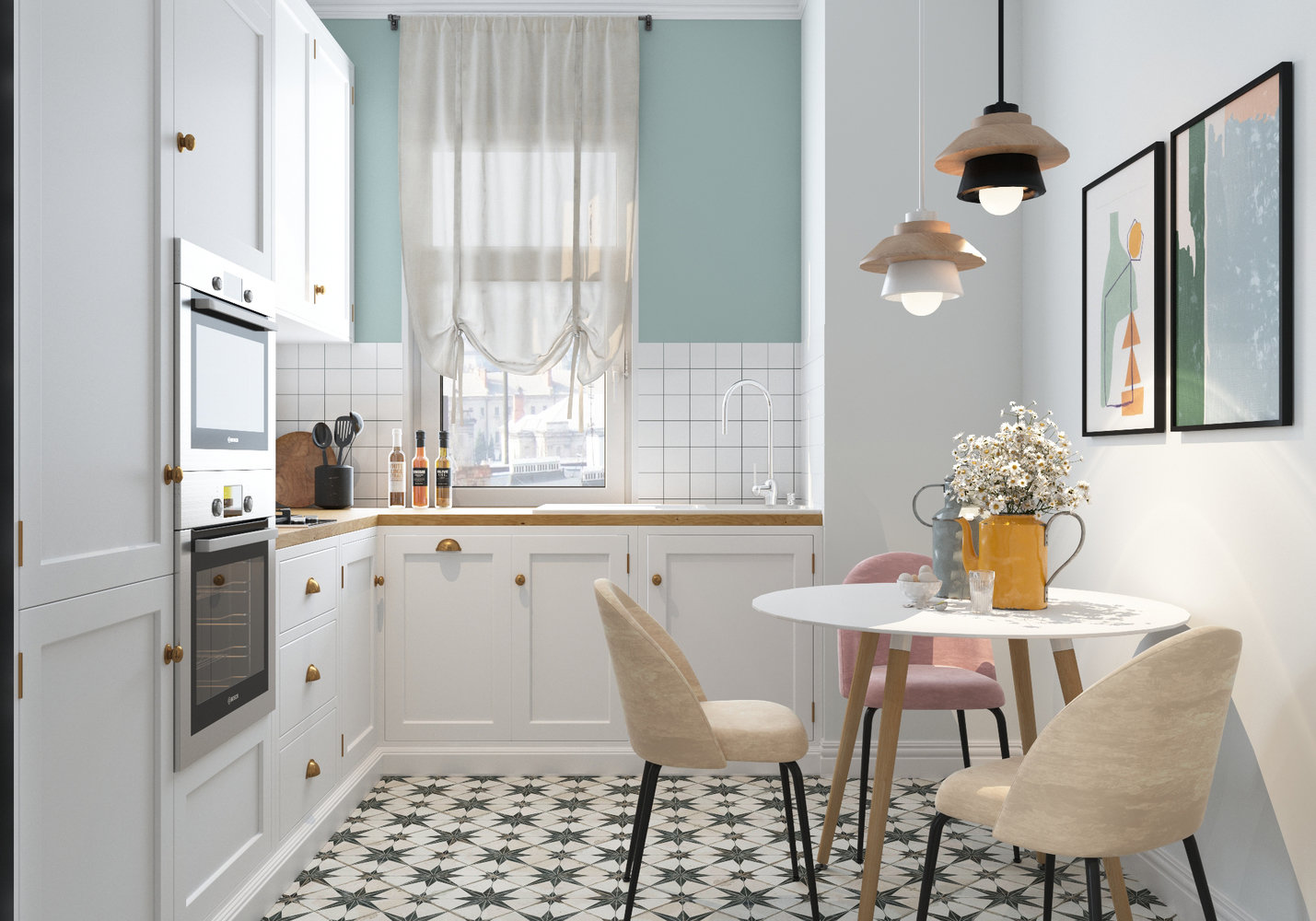 Акцентом в светлой кухне стала напольная плитка с принтом.