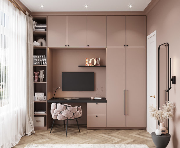 Для рабочей зоны спроектировали конструкцию из гардероба, открытого стеллажа и письменного стола с тумбой. Для контраста столешницу, полку и другие аксессуары выбрали черного цвета.