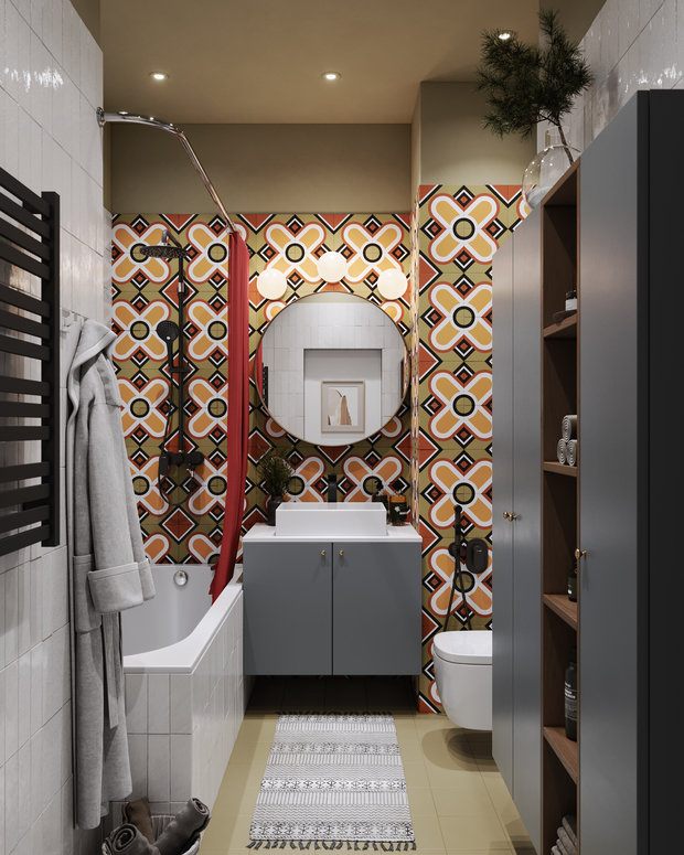 Жизнерадостный принт на плитке добавляет динамики и настроения.