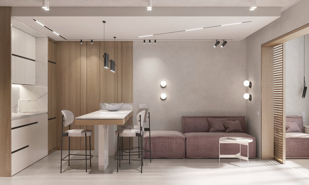 Фотография: Кухня и столовая в стиле Минимализм, Современный, Малогабаритная квартира, Квартира, Студия, Проект недели, Сочи, Алена Тимонина, Андрей Тимонин, до 40 метров – фото на INMYROOM