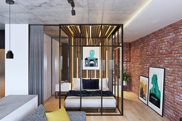 Фотография: Спальня в стиле Лофт, Квартира, Советы, Отделка стен, Loggia, покраска стен, декоративная отделка стен – фото на INMYROOM