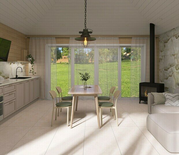 Визуализация интерьера кухни и столовой в скандинавском стиле с элементами эко