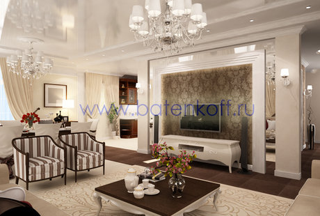 Дизайн гостиной в стиле ардеко с акцентным порталом в Сысерти