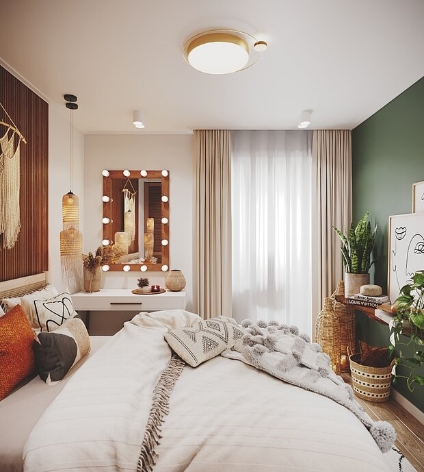 Фотография: Спальня в стиле Современный, Эклектика, Бохо, Квартира, Проект недели, Москва, 3 комнаты, 60-90 метров, KSInteriors – фото на INMYROOM