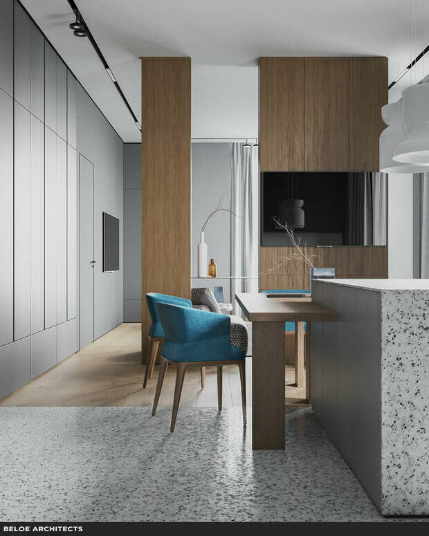 Визуализация интерьера кухни в стиле минимализм с элементами джапанди