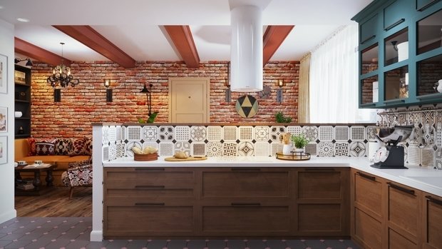 Интерьер кухни в стиле лофт с элементами эклектики