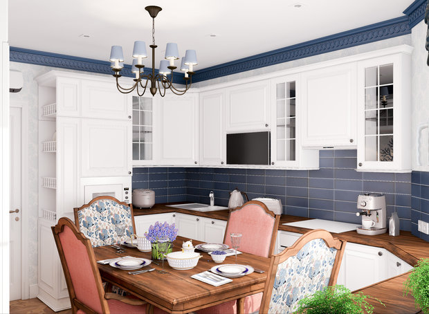 Фотография: Кухня и столовая в стиле Прованс и Кантри, Эклектика, Квартира, Проект недели, Москва, Марина Саркисян, морской стиль в интерьере – фото на INMYROOM