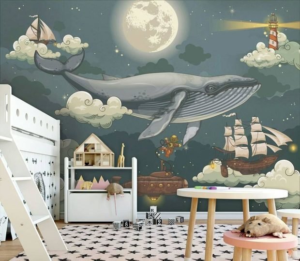 Интерьер детской в скандинавском стиле с морской тематикой