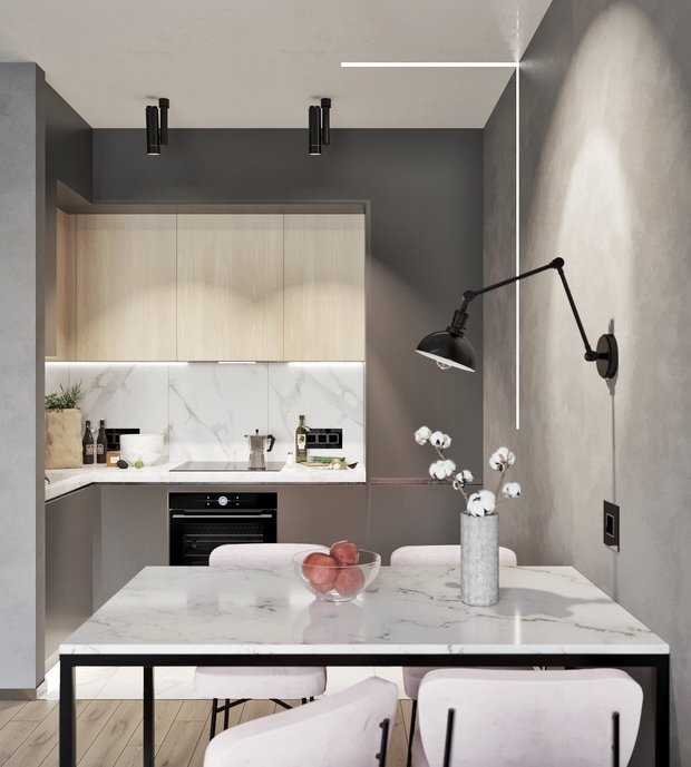 Фотография: Кухня и столовая в стиле Лофт, Эклектика, Квартира, Россия, Проект недели, Серый, Розовый, Екатеринбург, Монолитный дом, 2 комнаты, 40-60 метров, IN MY BOX – фото на INMYROOM