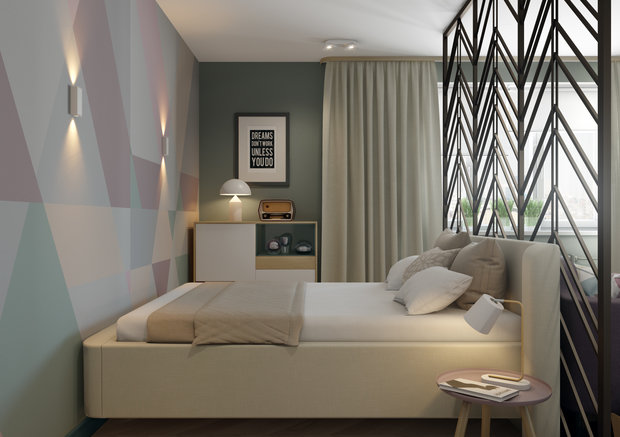 Фотография: Спальня в стиле Скандинавский, Квартира, Проект недели, Московская область, Анна Кларк, Лобня, Anna Clark interiors, новостройка, Панельный дом, 1 комната, 40-60 метров, РД-17.04 – фото на INMYROOM