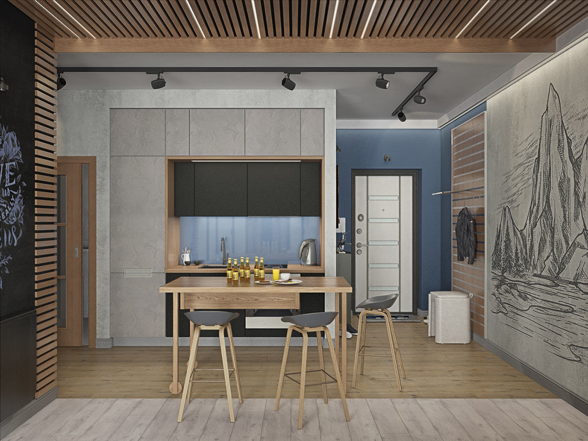 Фотография: Кухня и столовая в стиле Лофт, Современный, Квартира, Студия, Проект недели, Дмитровский район, Евгения Ермолаева, EEDS, 40-60 метров, Монолитно-кирпичный, ЖК «Пятиречье» – фото на INMYROOM