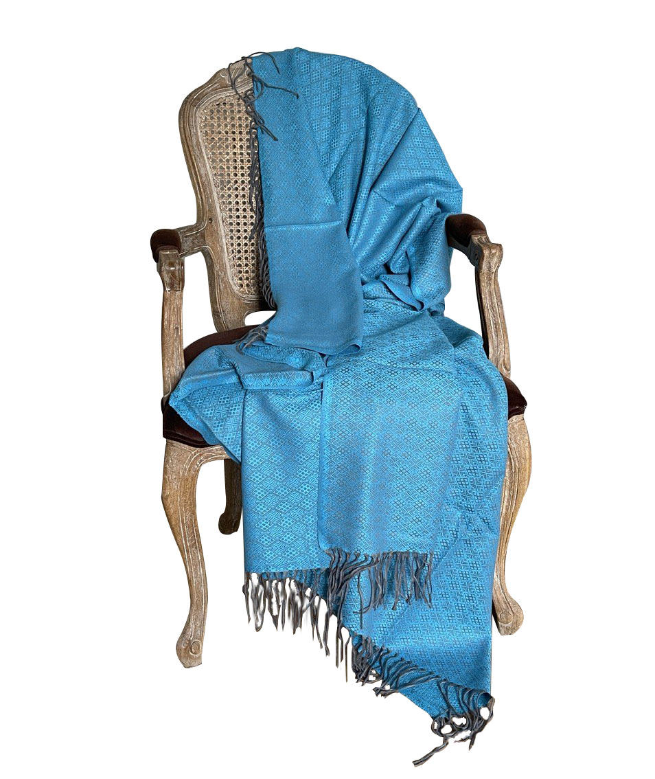 Плед с серыми кистями 140х190 бирюзового цвета